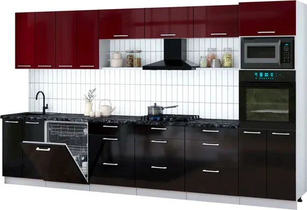Изображение товара Кухонный гарнитур Interline Мила Gloss 3.6-ПМ1-2 (черный глянец/бордовый глянец/кастилло темный)
