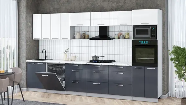 Изображение товара Кухонный гарнитур Interline Мила Gloss 3.6-ПМ1-2 (асфальт глянец/белый глянец/белый гранит)