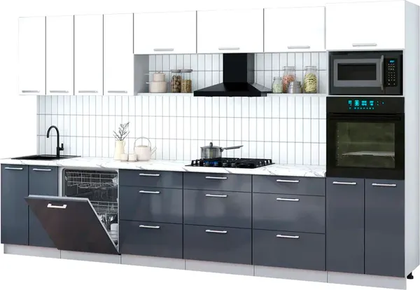 Изображение товара Кухонный гарнитур Interline Мила Gloss 3.6-ПМ1-2 (асфальт глянец/белый глянец/белый гранит)