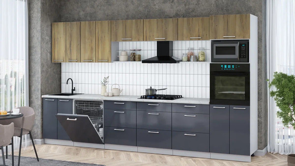 Изображение товара Кухонный гарнитур Интерлиния Мила Gloss 3.6-ПМ1-2 (асфальт глянец/дуб вотан/серый каспий)