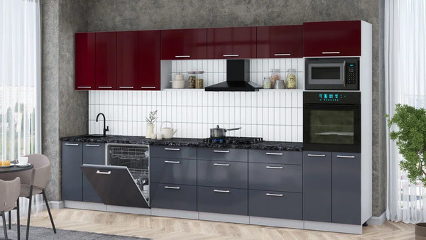 Изображение товара Кухонный гарнитур Интерлиния Мила Gloss 3.6-ПМ1-2 (асфальт глянец/бордовый глянец/кастилло темный)