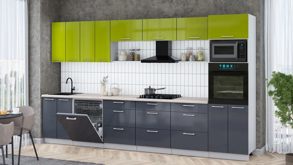 Изображение товара Кухонный гарнитур Интерлиния Мила Gloss 3.6-ПМ1-2 (асфальт глянец/яблоко глянец/травертин серый)