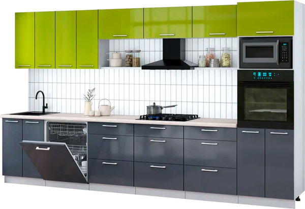 Изображение товара Кухонный гарнитур Интерлиния Мила Gloss 3.6-ПМ1-2 (асфальт глянец/яблоко глянец/травертин серый)