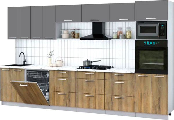 Изображение товара Кухонный гарнитур Интерлиния Мила Gloss 3.6-ПМ1-2 (дуб вотан/серый/белый гранит)