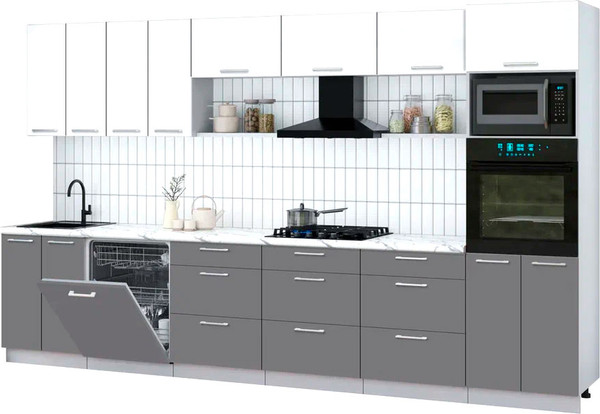 Изображение товара Кухонный гарнитур Интерлиния Мила Gloss 3.6-ПМ1-2 (серый/белый глянец/белый гранит)