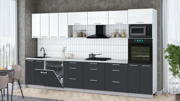 Изображение товара Кухонный гарнитур Интерлиния Мила Gloss 3.6-ПМ1-2 (пепел/белый глянец/серый каспий)