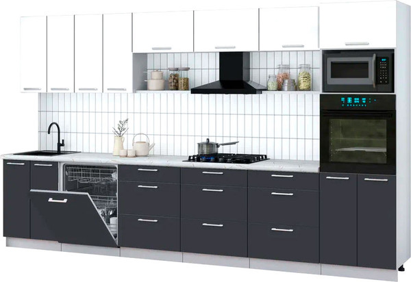 Изображение товара Кухонный гарнитур Интерлиния Мила Gloss 3.6-ПМ1-2 (пепел/белый глянец/серый каспий)