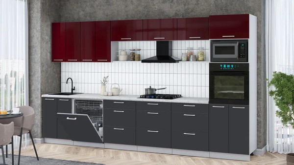 Изображение товара Кухонный гарнитур Интерлиния Мила Gloss 3.6-ПМ1-2 (пепел/бордовый глянец/серый каспий)