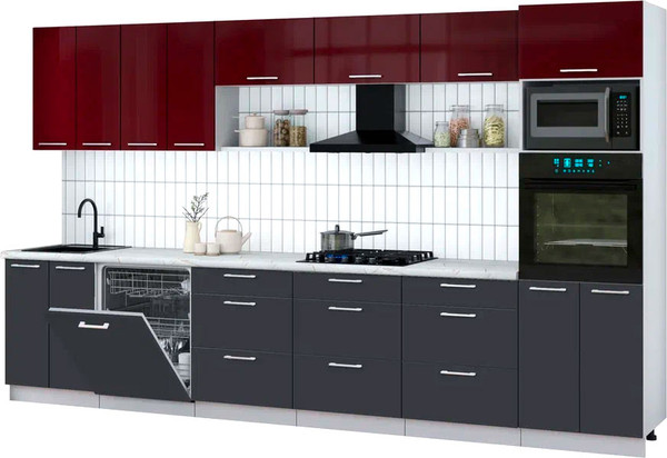 Изображение товара Кухонный гарнитур Интерлиния Мила Gloss 3.6-ПМ1-2 (пепел/бордовый глянец/серый каспий)