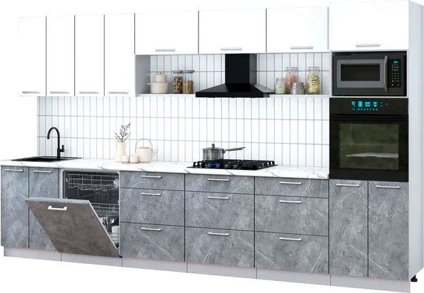 Изображение товара Кухонный гарнитур Интерлиния Мила Gloss 3.6-ПМ1-2 (керамика/белый/белый гранит)