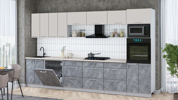 Изображение товара Кухонный гарнитур Интерлиния Мила Gloss 3.6-ПМ1-2 (керамика/кашемир/травертин серый)