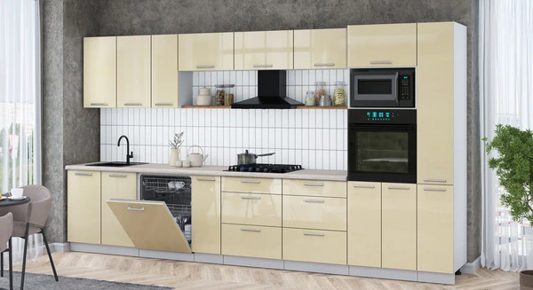 Изображение товара Кухонный гарнитур Интерлиния Мила Gloss 3.8-ПМ1 (ваниль глянец/ваниль глянец/травертин серый)