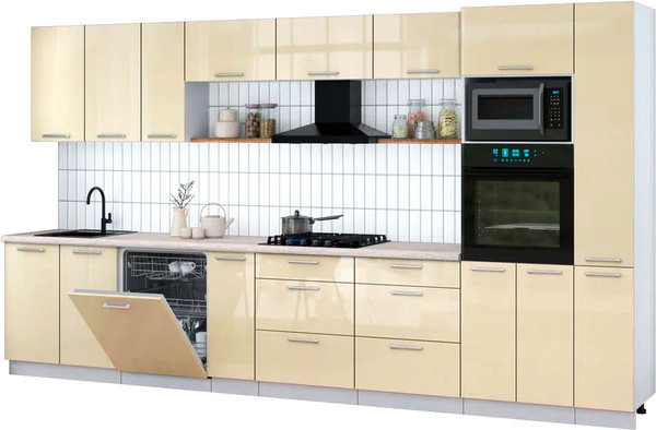 Изображение товара Кухонный гарнитур Интерлиния Мила Gloss 3.8-ПМ1 (ваниль глянец/ваниль глянец/травертин серый)