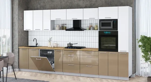 Изображение товара Кухонный гарнитур Интерлиния Мила Gloss 3.8-ПМ1 (капучино глянец/белый/дуб бунратти)