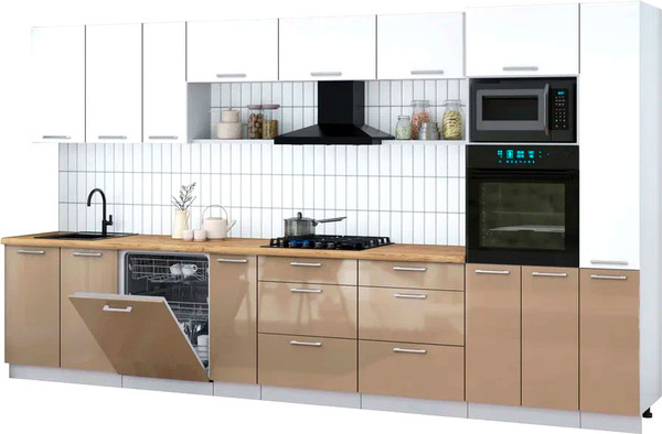 Изображение товара Кухонный гарнитур Интерлиния Мила Gloss 3.8-ПМ1 (капучино глянец/белый/дуб бунратти)