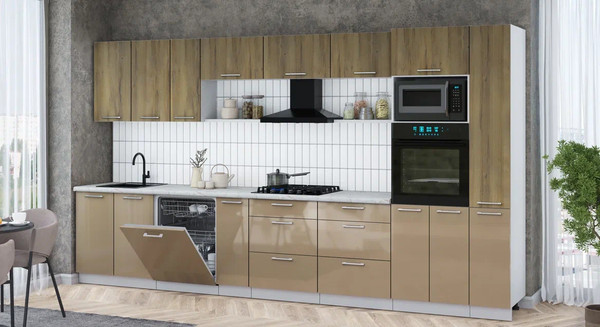 Изображение товара Кухонный гарнитур Интерлиния Мила Gloss 3.8-ПМ1 (капучино глянец/дуб вотан/серый каспий)