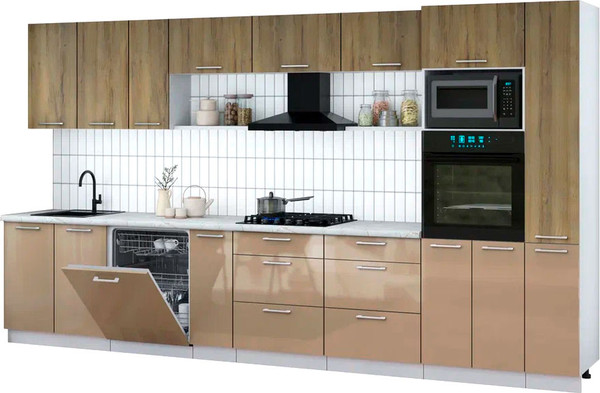 Изображение товара Кухонный гарнитур Интерлиния Мила Gloss 3.8-ПМ1 (капучино глянец/дуб вотан/серый каспий)