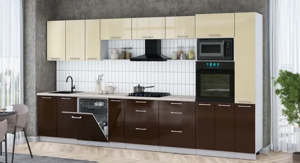 Изображение товара Кухонный гарнитур Интерлиния Мила Gloss 3.8-ПМ1 (шоколад глянец/ваниль глянец/травертин серый)