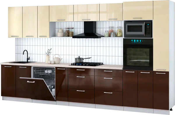 Изображение товара Кухонный гарнитур Интерлиния Мила Gloss 3.8-ПМ1 (шоколад глянец/ваниль глянец/травертин серый)