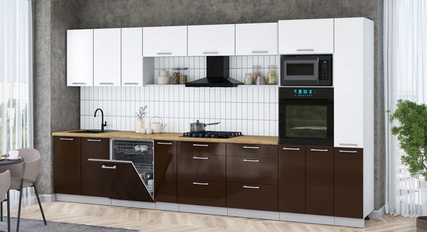 Изображение товара Кухонный гарнитур Интерлиния Мила Gloss 3.8-ПМ1 (шоколад глянец/белый/дуб бунратти)