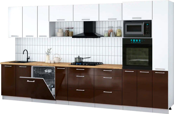 Изображение товара Кухонный гарнитур Интерлиния Мила Gloss 3.8-ПМ1 (шоколад глянец/белый/дуб бунратти)