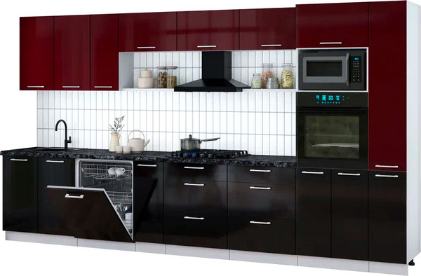 Изображение товара Кухонный гарнитур Интерлиния Мила Gloss 3.8-ПМ1 (черный глянец/бордовый глянец/кастилло темный)