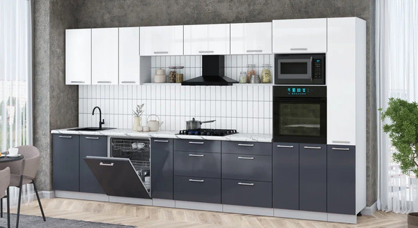 Изображение товара Кухонный гарнитур Интерлиния Мила Gloss 3.8-ПМ1 (асфальт глянец/белый глянец/белый гранит)