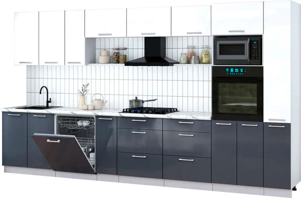 Изображение товара Кухонный гарнитур Интерлиния Мила Gloss 3.8-ПМ1 (асфальт глянец/белый глянец/белый гранит)