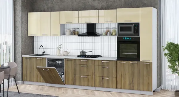 Изображение товара Кухонный гарнитур Интерлиния Мила Gloss 3.8-ПМ1 (дуб вотан/ваниль глянец/серый каспий)