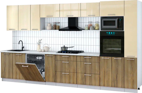 Изображение товара Кухонный гарнитур Интерлиния Мила Gloss 3.8-ПМ1 (дуб вотан/ваниль глянец/серый каспий)