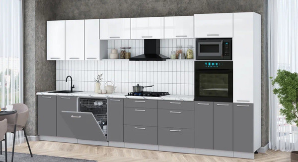 Изображение товара Кухонный гарнитур Интерлиния Мила Gloss 3.8-ПМ1 (серый/белый глянец/белый гранит)