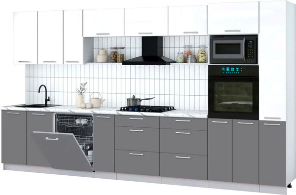 Изображение товара Кухонный гарнитур Интерлиния Мила Gloss 3.8-ПМ1 (серый/белый глянец/белый гранит)