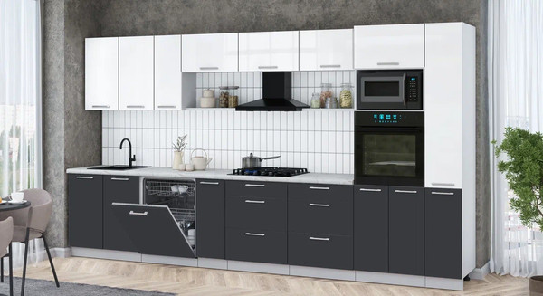 Изображение товара Кухонный гарнитур Интерлиния Мила Gloss 3.8-ПМ1 (пепел/белый глянец/серый каспий)