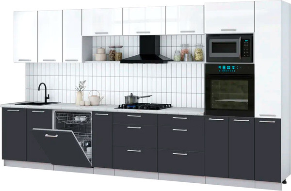 Изображение товара Кухонный гарнитур Интерлиния Мила Gloss 3.8-ПМ1 (пепел/белый глянец/серый каспий)