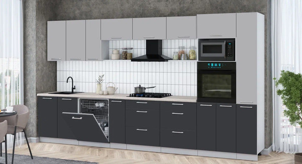 Изображение товара Кухонный гарнитур Интерлиния Мила Gloss 3.8-ПМ1 (пепел/грей/травертин серый)