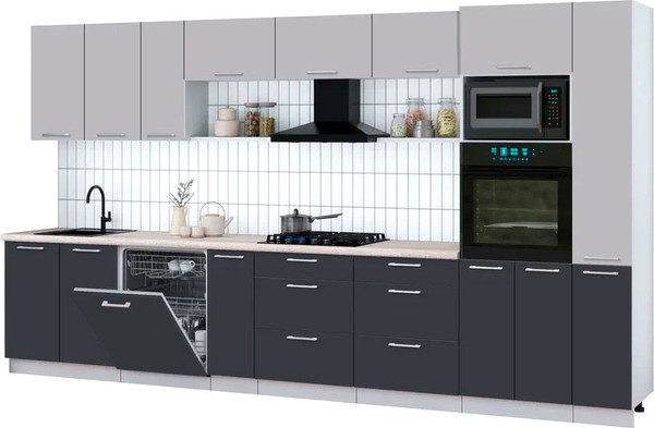 Изображение товара Кухонный гарнитур Интерлиния Мила Gloss 3.8-ПМ1 (пепел/грей/травертин серый)