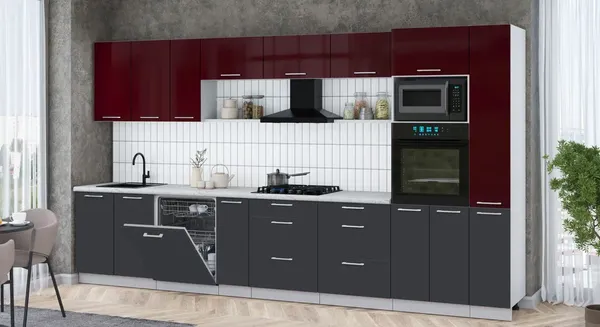 Изображение товара Кухонный гарнитур Интерлиния Мила Gloss 3.8-ПМ1 (пепел/бордовый глянец/серый каспий)