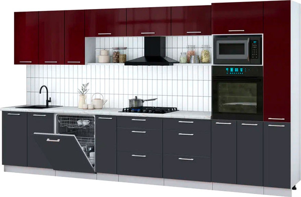Изображение товара Кухонный гарнитур Интерлиния Мила Gloss 3.8-ПМ1 (пепел/бордовый глянец/серый каспий)