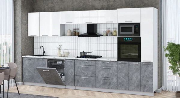 Изображение товара Кухонный гарнитур Интерлиния Мила Gloss 3.8-ПМ1 (керамика/белый глянец/белый гранит)