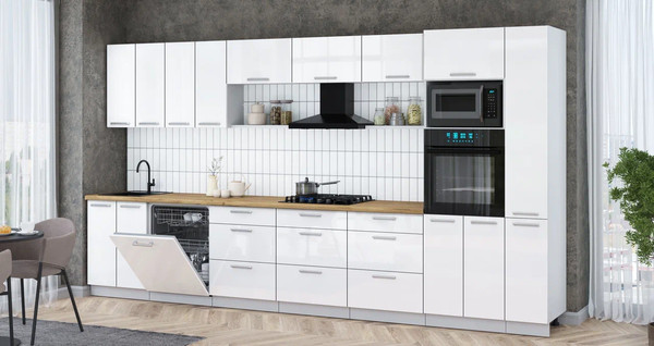 Изображение товара Кухонный гарнитур Интерлиния Мила Gloss 3.9-ПМ1 (белый глянец/белый глянец/дуб бунратти)