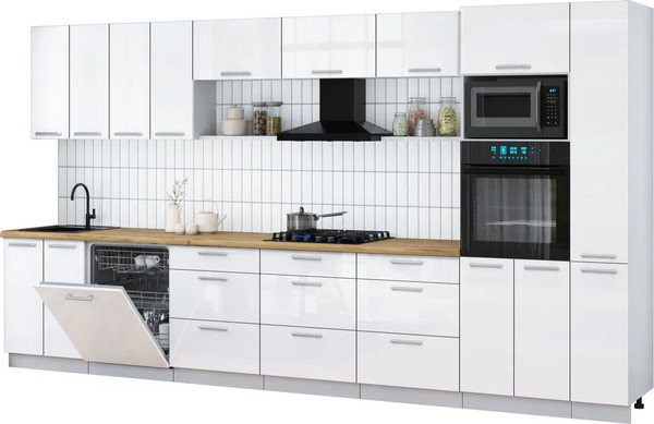 Изображение товара Кухонный гарнитур Интерлиния Мила Gloss 3.9-ПМ1 (белый глянец/белый глянец/дуб бунратти)