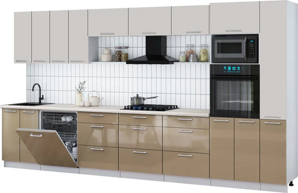 Изображение товара Кухонный гарнитур Интерлиния Мила Gloss 3.9-ПМ1 (капучино глянец/кашемир/травертин серый)