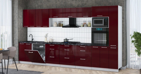 Изображение товара Кухонный гарнитур Интерлиния Мила Gloss 3.9-ПМ1 (бордовый глянец/бордовый глянец/кастилло темный)