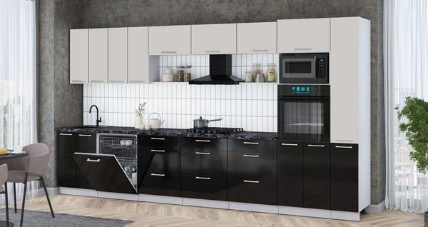 Изображение товара Кухонный гарнитур Интерлиния Мила Gloss 3.9-ПМ1 (черный глянец/кашемир/кастилло темный)