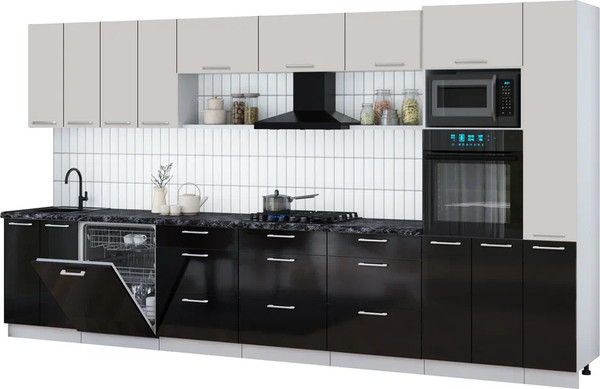 Изображение товара Кухонный гарнитур Интерлиния Мила Gloss 3.9-ПМ1 (черный глянец/кашемир/кастилло темный)