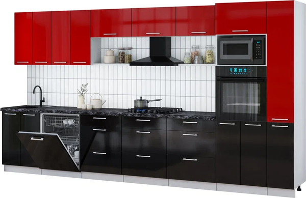 Изображение товара Кухонный гарнитур Интерлиния Мила Gloss 3.9-ПМ1 (черный глянец/красный глянец/кастилло темный)