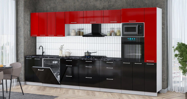 Изображение товара Кухонный гарнитур Интерлиния Мила Gloss 3.9-ПМ1 (черный глянец/красный глянец/кастилло темный)