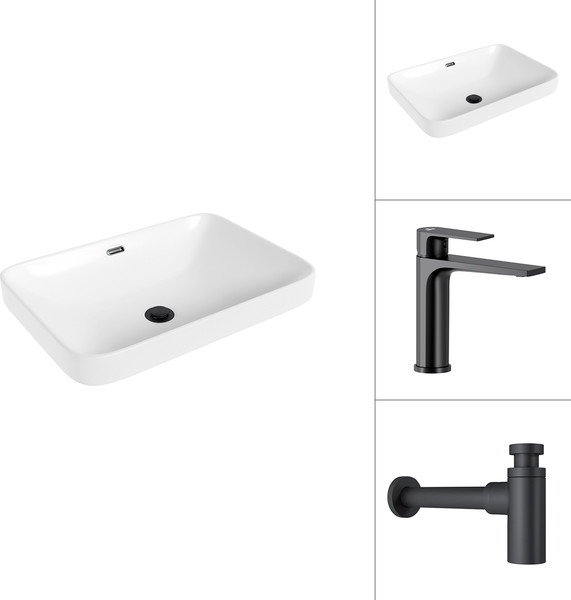 Изображение товара Умывальник со смесителем Lauter 21441B + Reef 21CK678BS с сифоном 21635B (черный матовый)