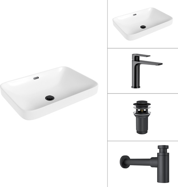 Изображение товара Умывальник со смесителем Lauter 21441B + Reef 21CK678BS + сифон 21635B + донный клапан 21190B (черный матовый)