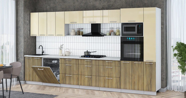 Изображение товара Кухонный гарнитур Интерлиния Мила Gloss 3.9-ПМ1 (дуб вотан/ваниль глянец/серый каспий)